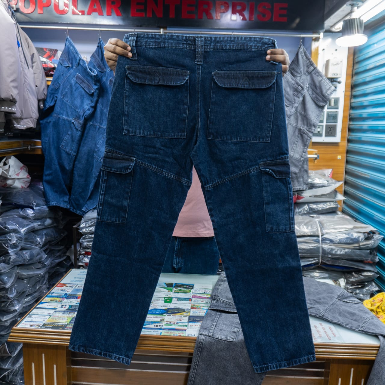 "বুলু কালার" লুজ ফিটিং ডেনিম সিক্স পকেট কার্গো প্যান্ট